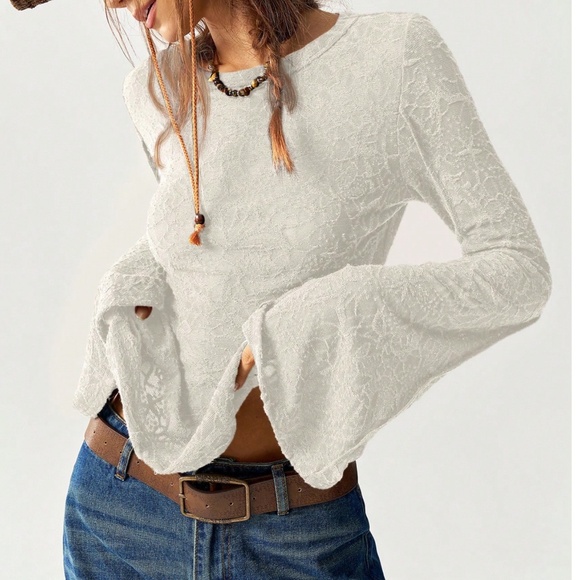 Solid lace Fitted Long Bell Sleeve Top - Picture 1 of 8